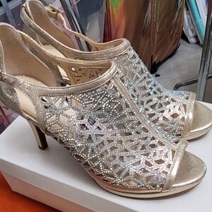 Iridescent gold metallic aurora borealis rhinestone open toe heels, 7.5M